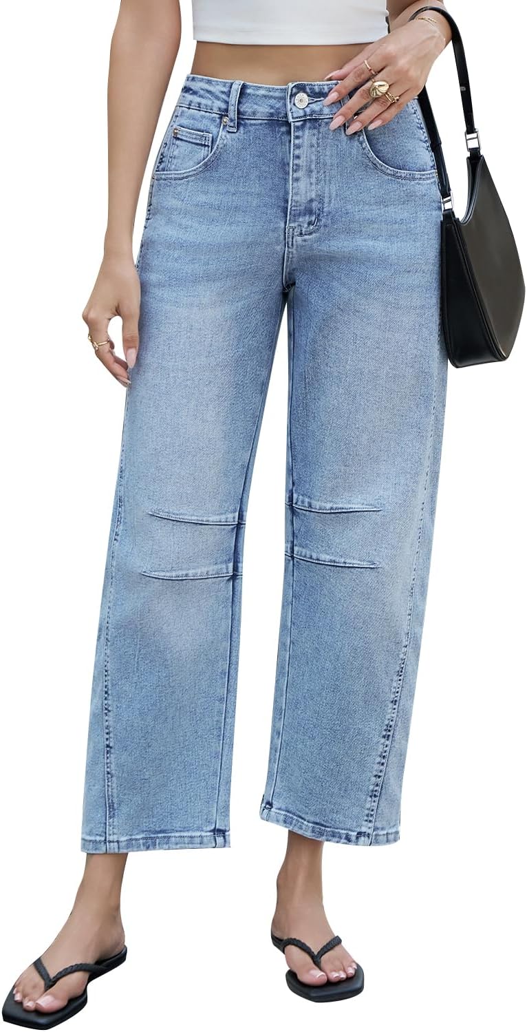 Mid Rise Barrel Jeans for Women - Stylish Wide Leg Denim Pants