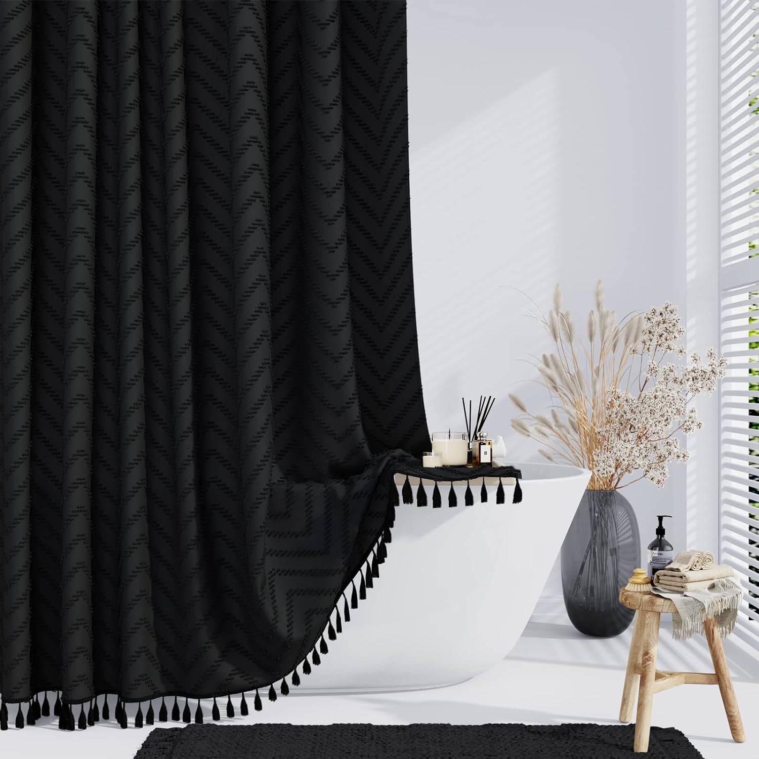 Dynamene Boho Farmhouse Shower Curtain - Water Repellent & Tassel Textured