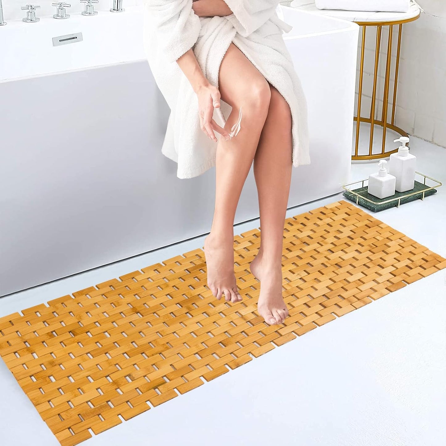 Bamboo Bath Mat Runner 16x48 Inch Waterproof Non Slip Rug
