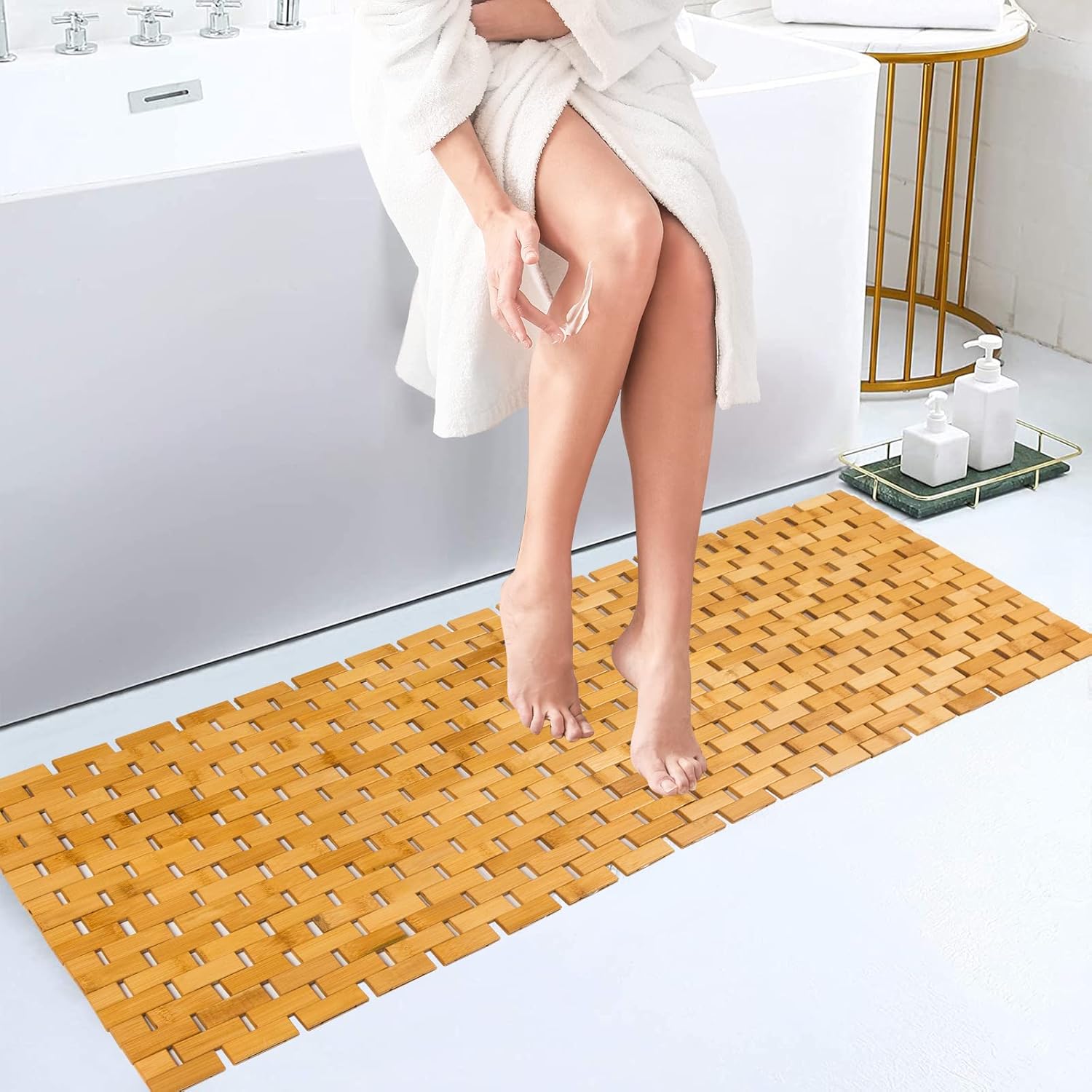 Bamboo Bath Mat Runner 16x48 Inch Waterproof Non Slip Rug