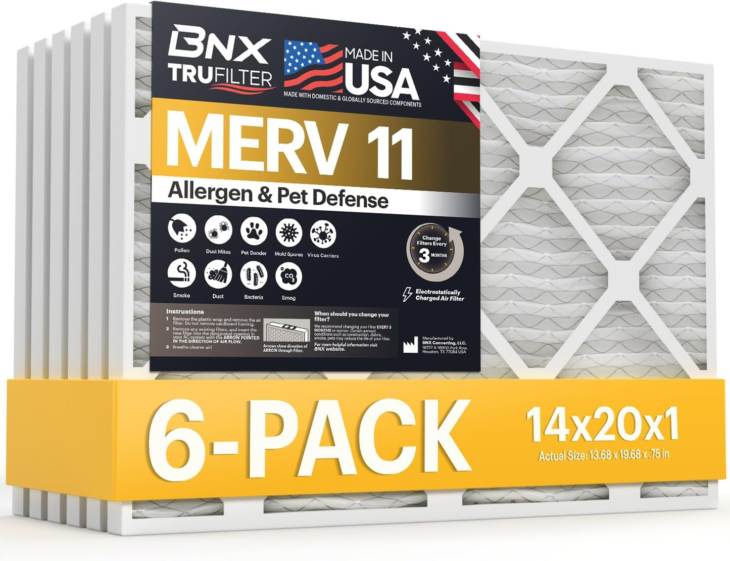BNX TruFilter 14x20x1 Air Filter MERV 11 for Cleaner Air