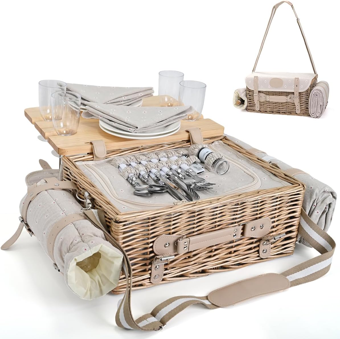 Multifunctional Wicker Picnic Basket Set for 4 with Blanket