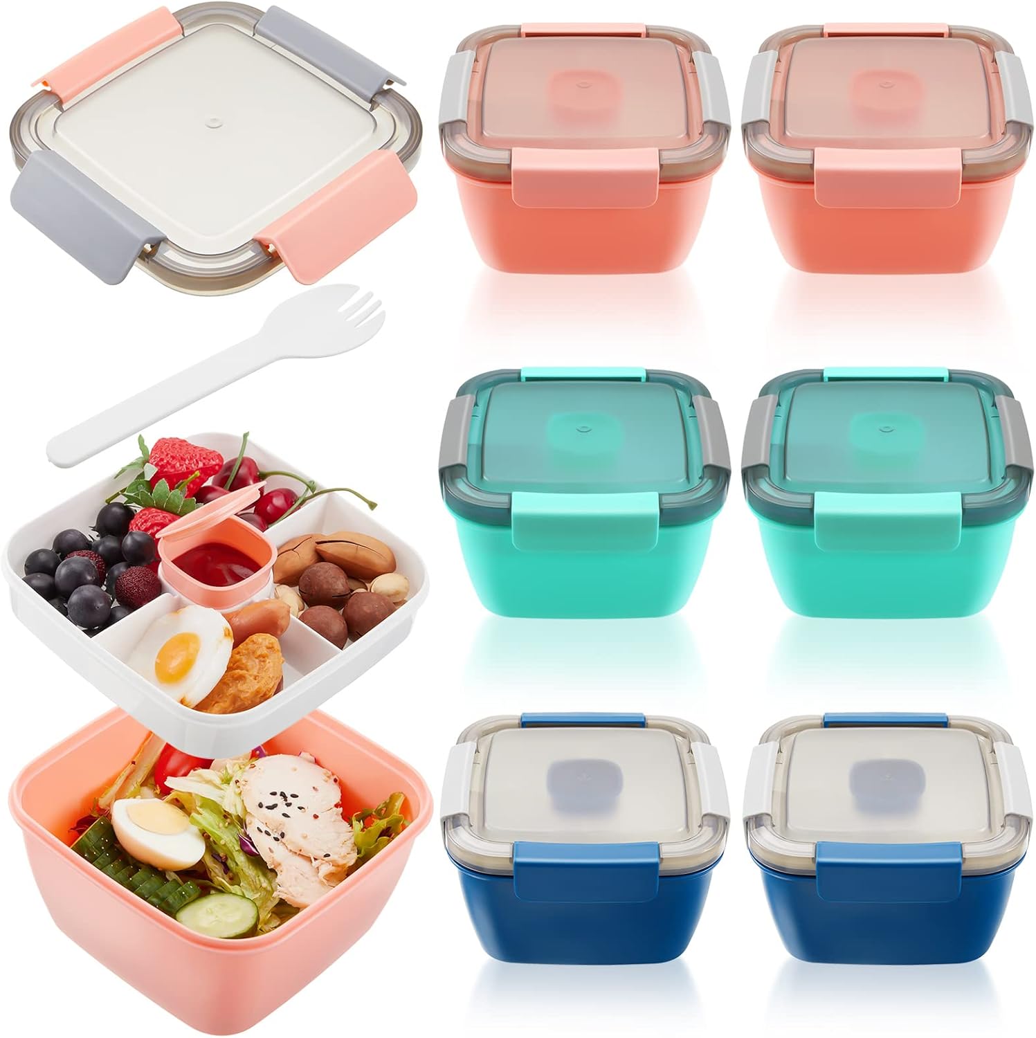 6 Pcs Salad Lunch Container with 3 Compartments for Meal Prep
