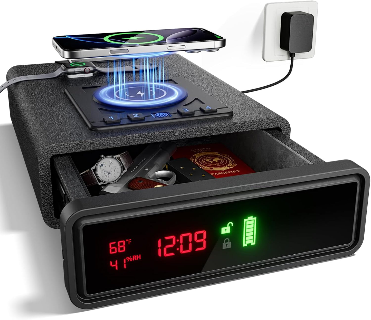 Biometric Smart Safe with Wireless Charging for Phone and Watch