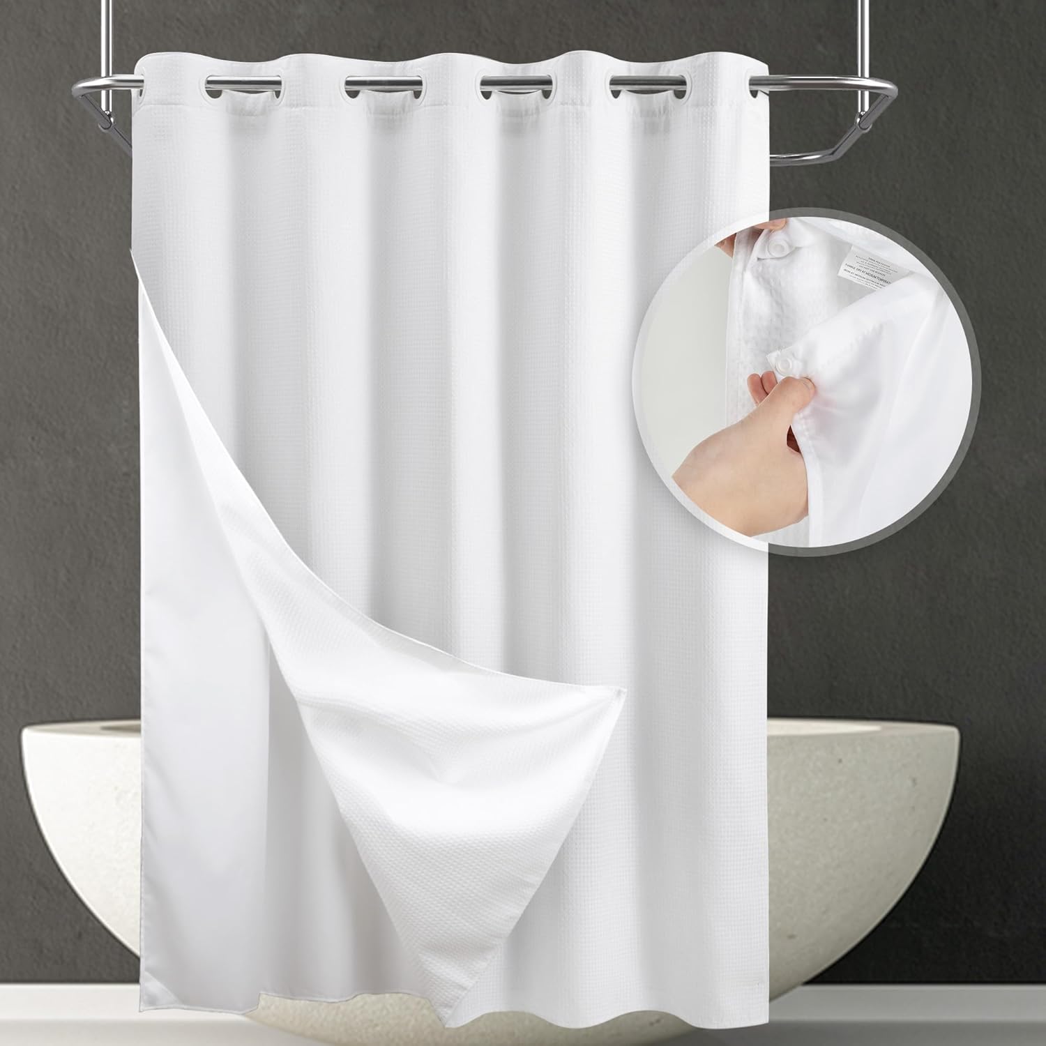 Hotel Grade Snap-In Liner Shower Curtain - No Hooks, Magnets - 71 x 74