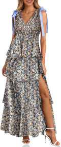Women Floral Maxi Dress with High Slit - Boho Tiered Summer Dress