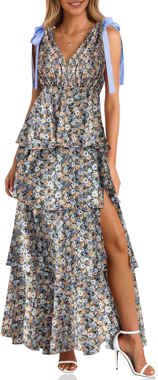 Womens Summer Floral Maxi Dress with Tie Straps and Slit