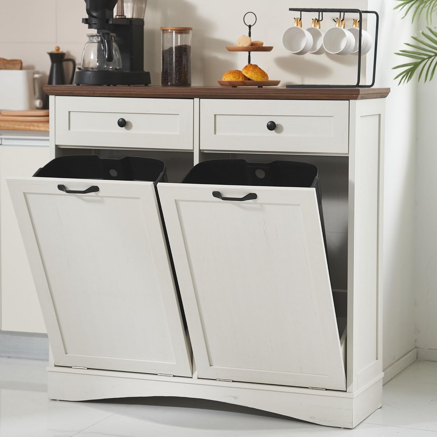 Double Tilt Out Trash Can Cabinet for Kitchen with Drawers