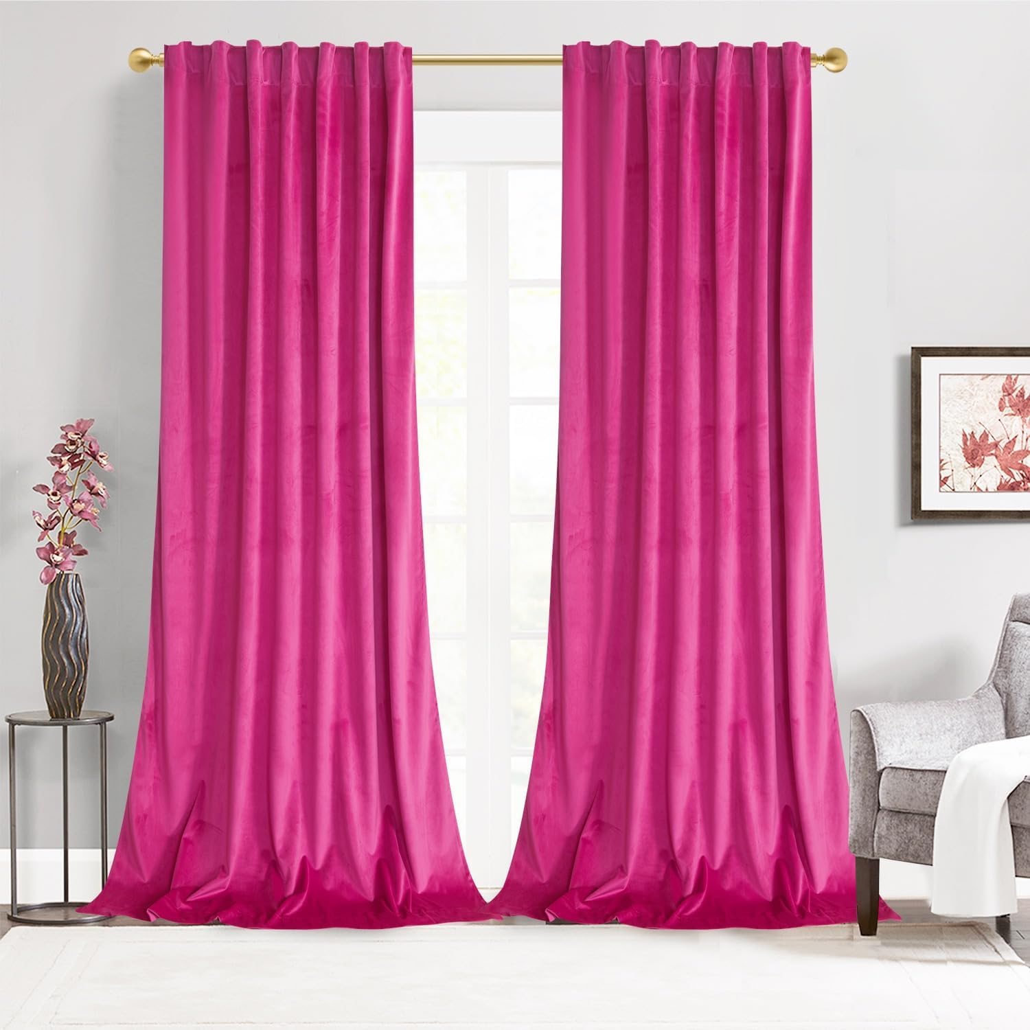 Room Darkening Velvet Curtains - Luxurious Fuschia Pair