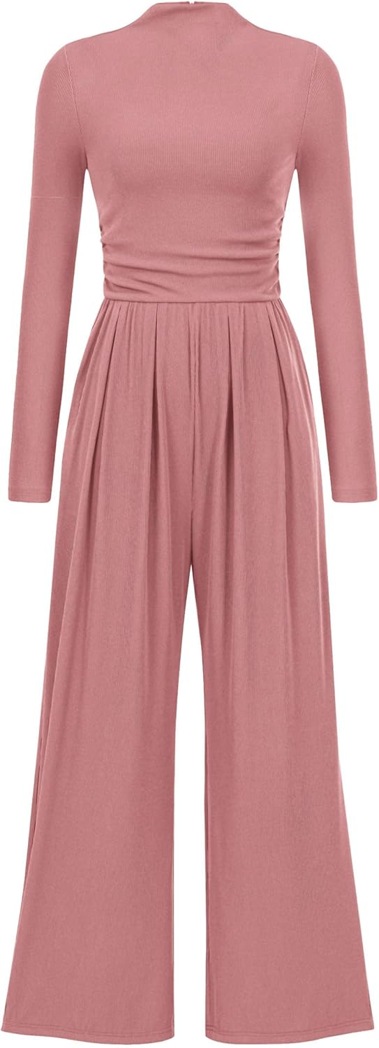 PRETTYGARDEN Long Sleeve Mock Neck Jumpsuits for Women Fashion
