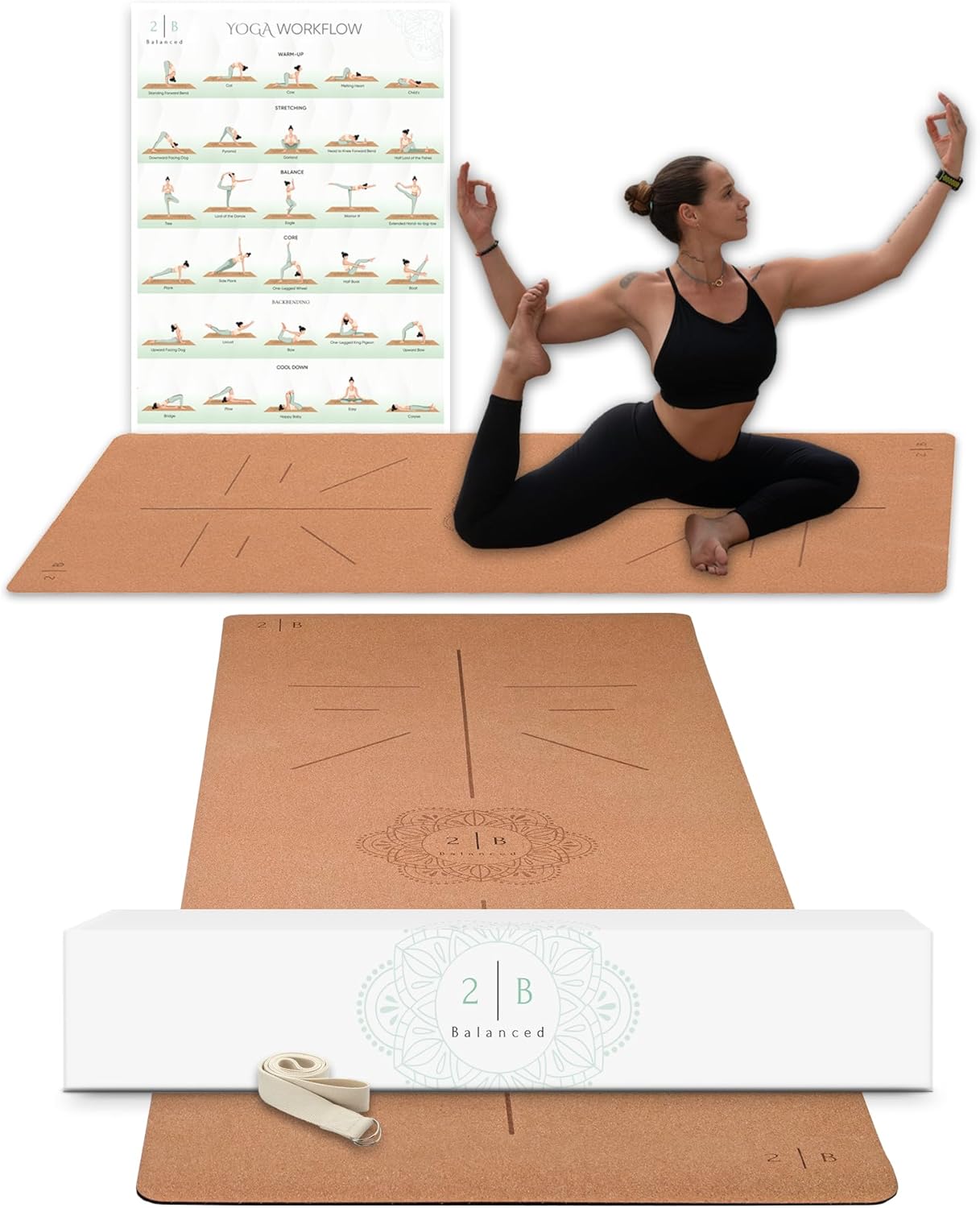 Non-Slip Cork Yoga Mat - Stay Flat Always - Eco-Friendly - Thick - Hot Yoga Ready - with Strap & Alignment ~ 35 max characters.