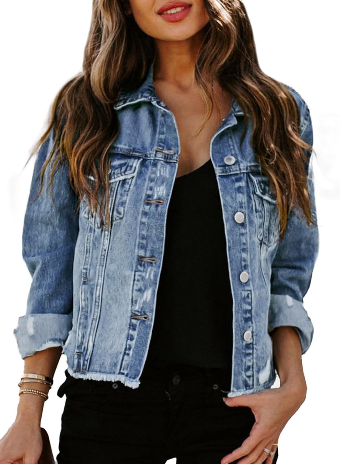 Stylish Distressed Denim Jacket for Women - Long Sleeve Fashion