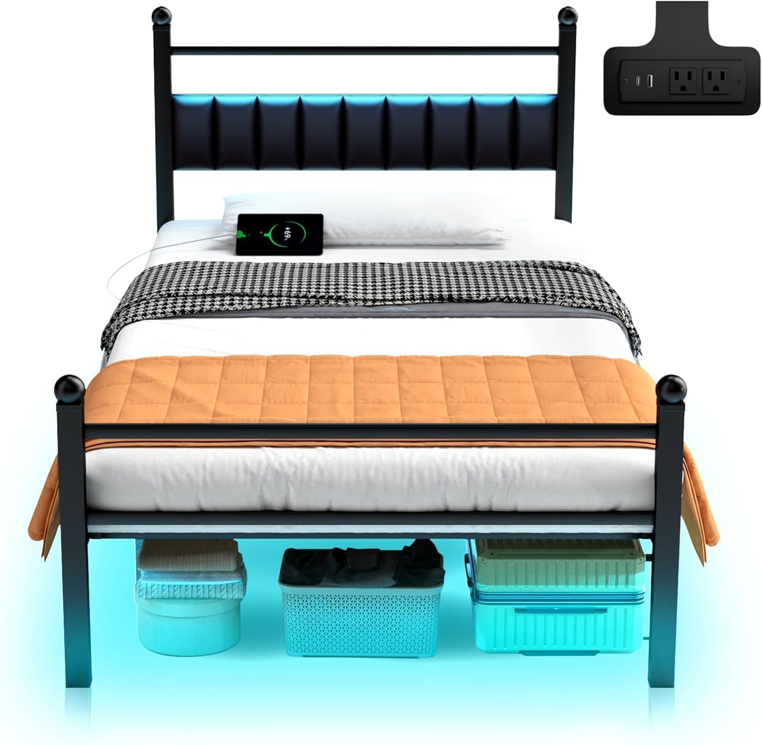 Twin Bed Frame with LED Lights & Charging Station for Comfort