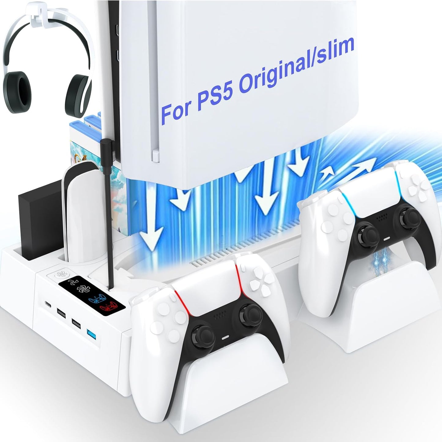 PS5 Cooling Station with Controller Charging and USB Hub Accessory