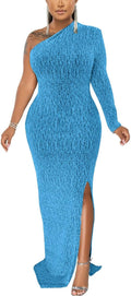 Women's One-Shoulder Sparkly Maxi Dress - Long Sleeve High Split