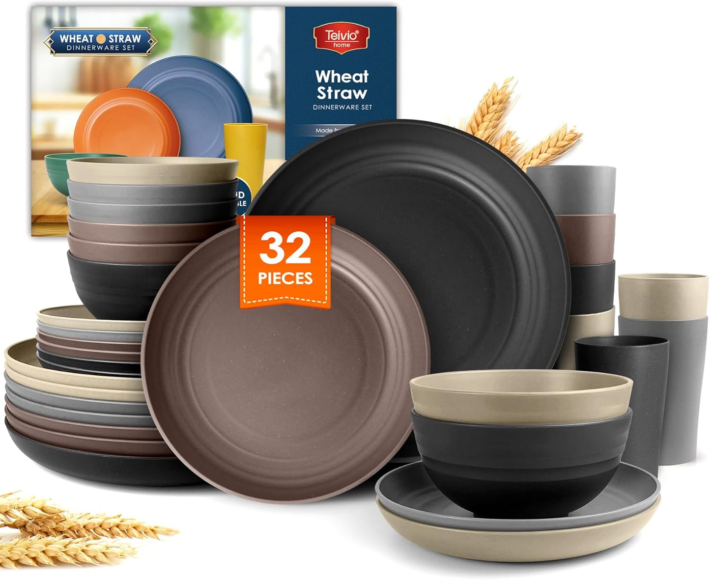 Teivio 32-Piece Kitchen Plastic Wheat Straw Dinnerware Set