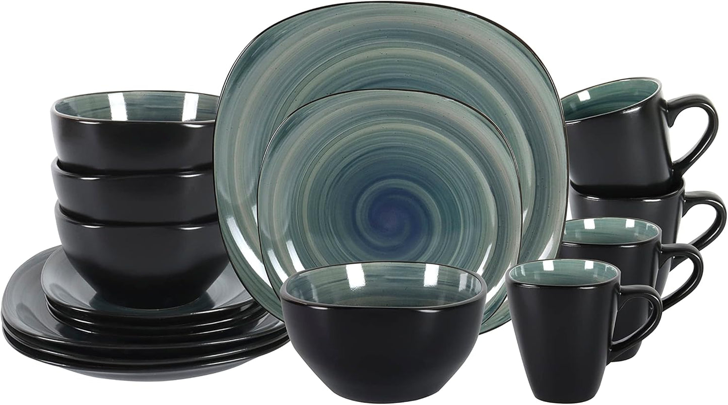 Stoneware Square 16pc Dinnerware Set with Swirl Blue Inside