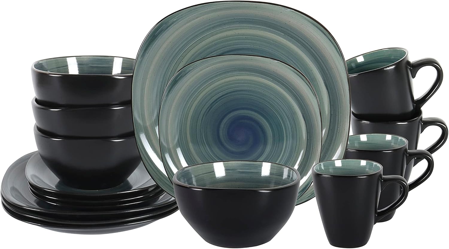 Stoneware Square 16pc Dinnerware Set with Swirl Blue Inside