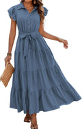 Women's Summer Casual Maxi Dress V Neck Tiered Ruffle Sleeve