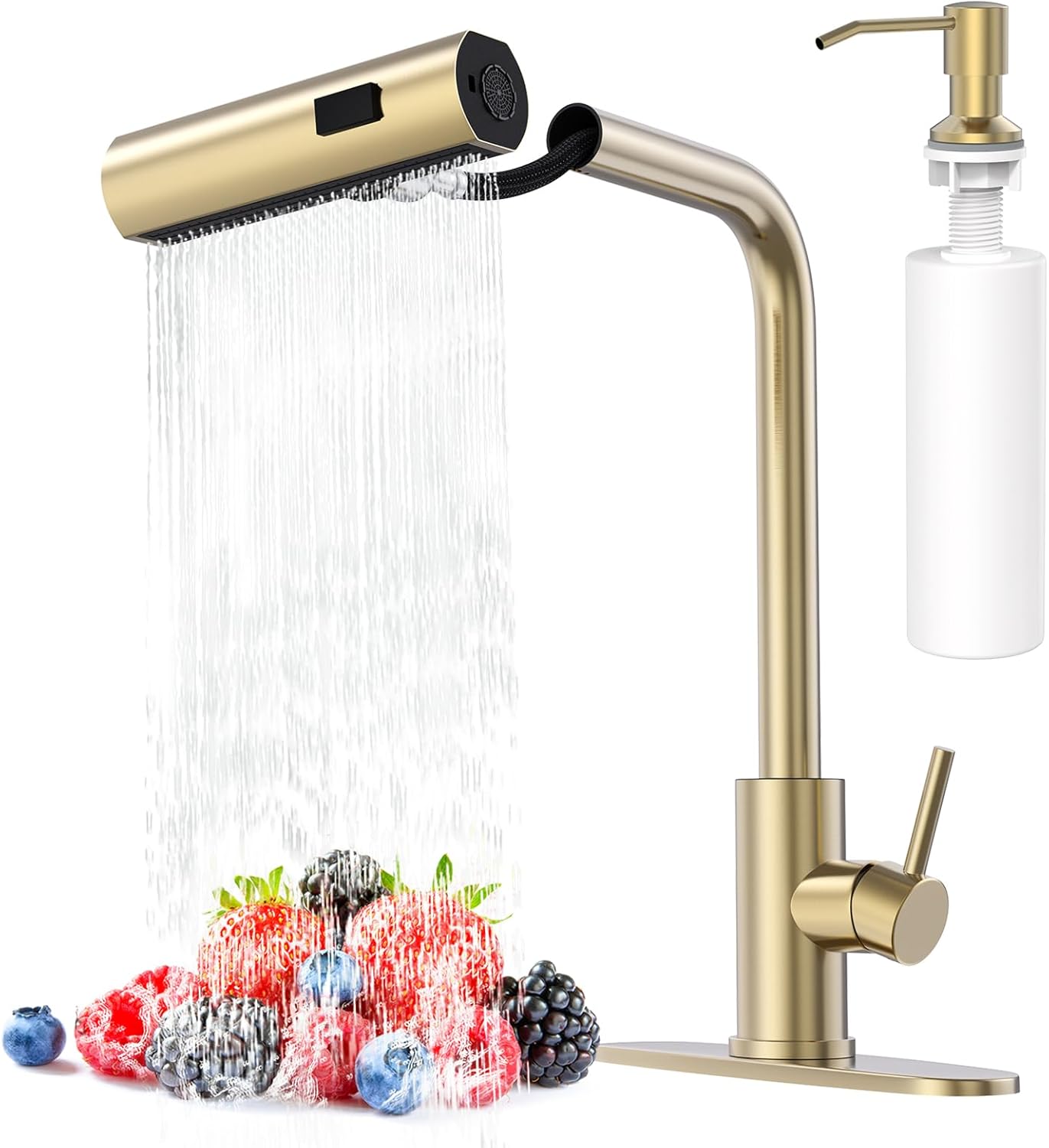 Brushed Gold Waterfall Kitchen Faucet with Pull Down Sprayer