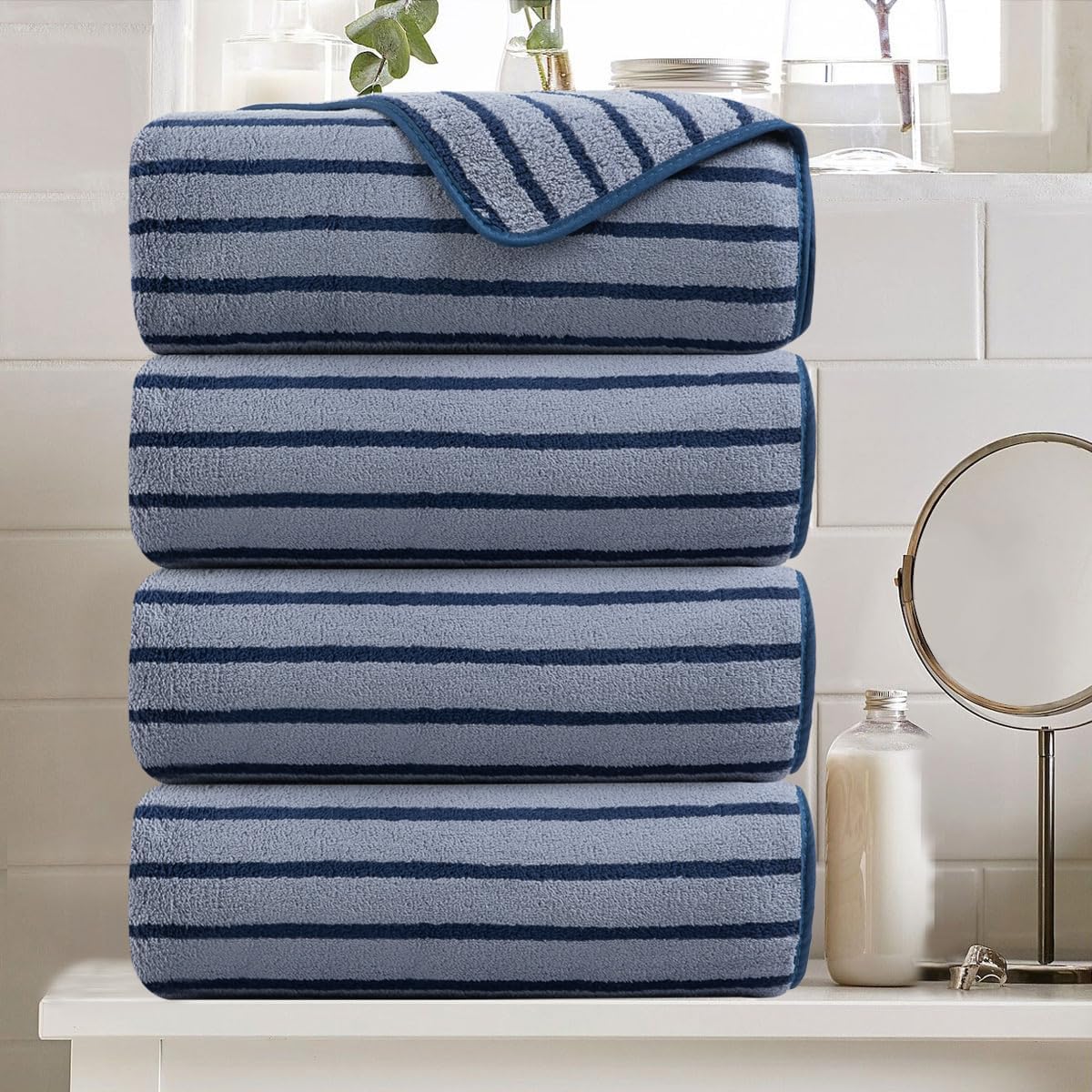 Oliven 4 Piece Navy Cabana Stripe Bath Towels Set for Home