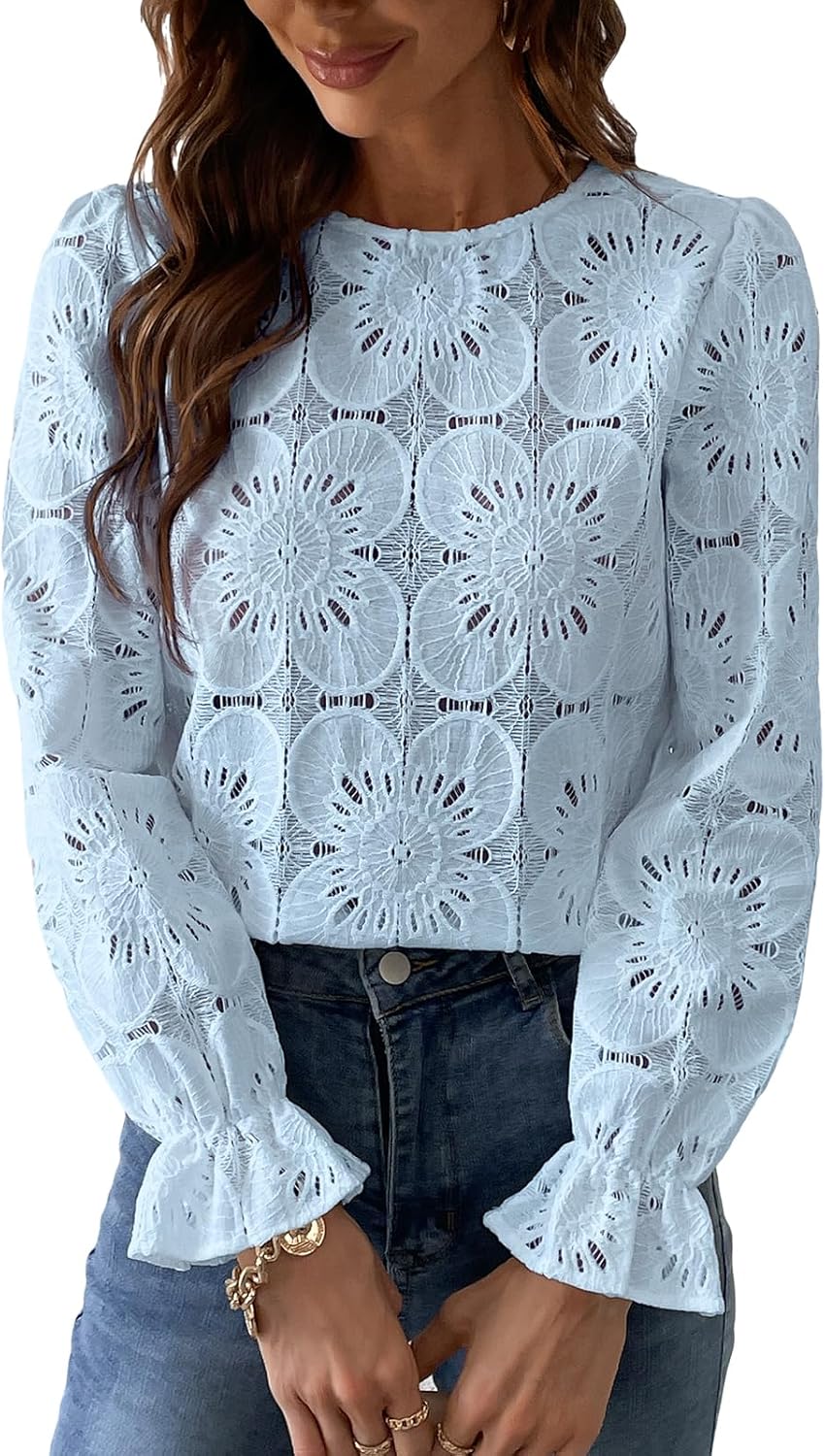 CUPSHE Women Eyelet Long Sleeve Tops for Trendy Spring Fashion