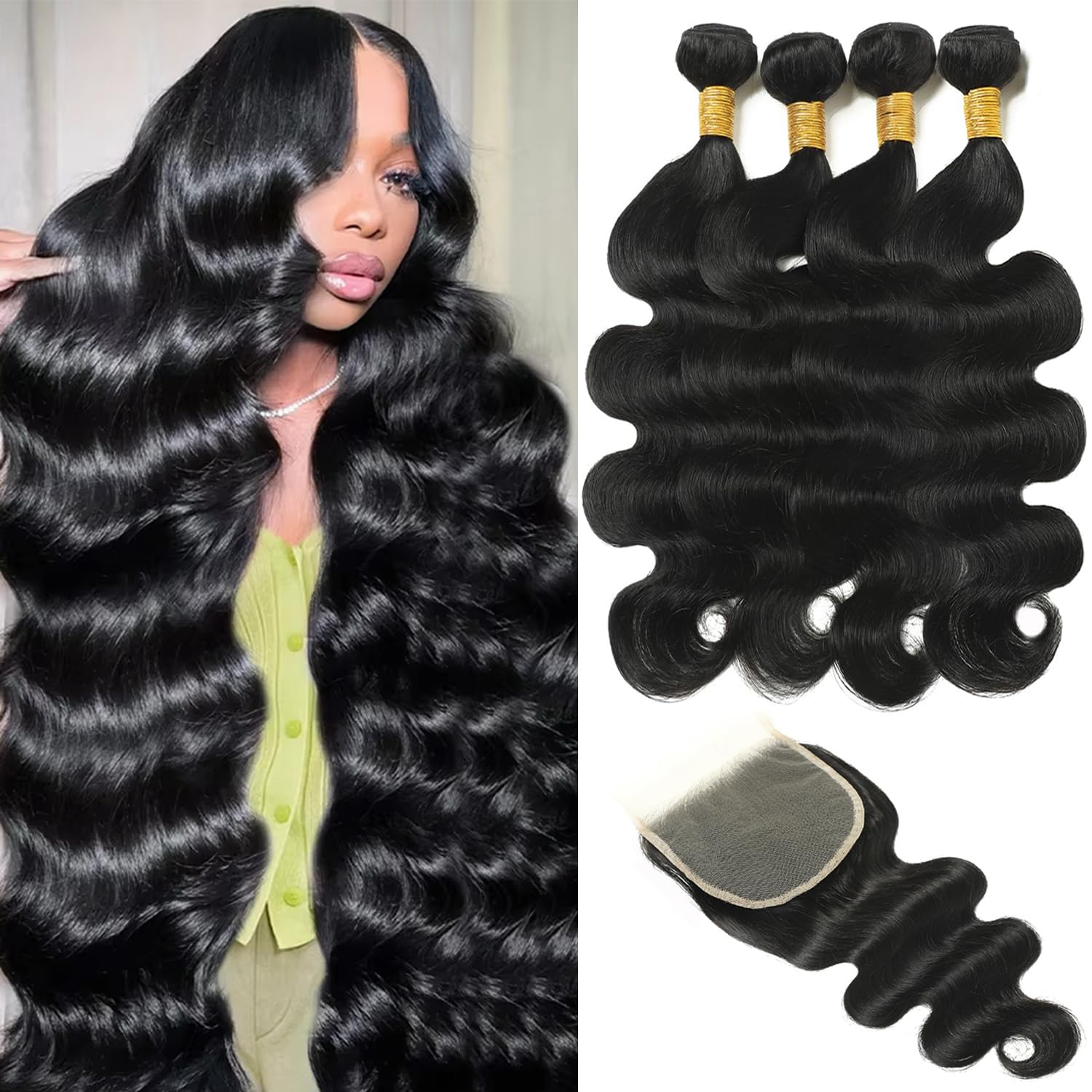 Human Hair Bundles With Closure Body Wave 12A Brazilian Hair