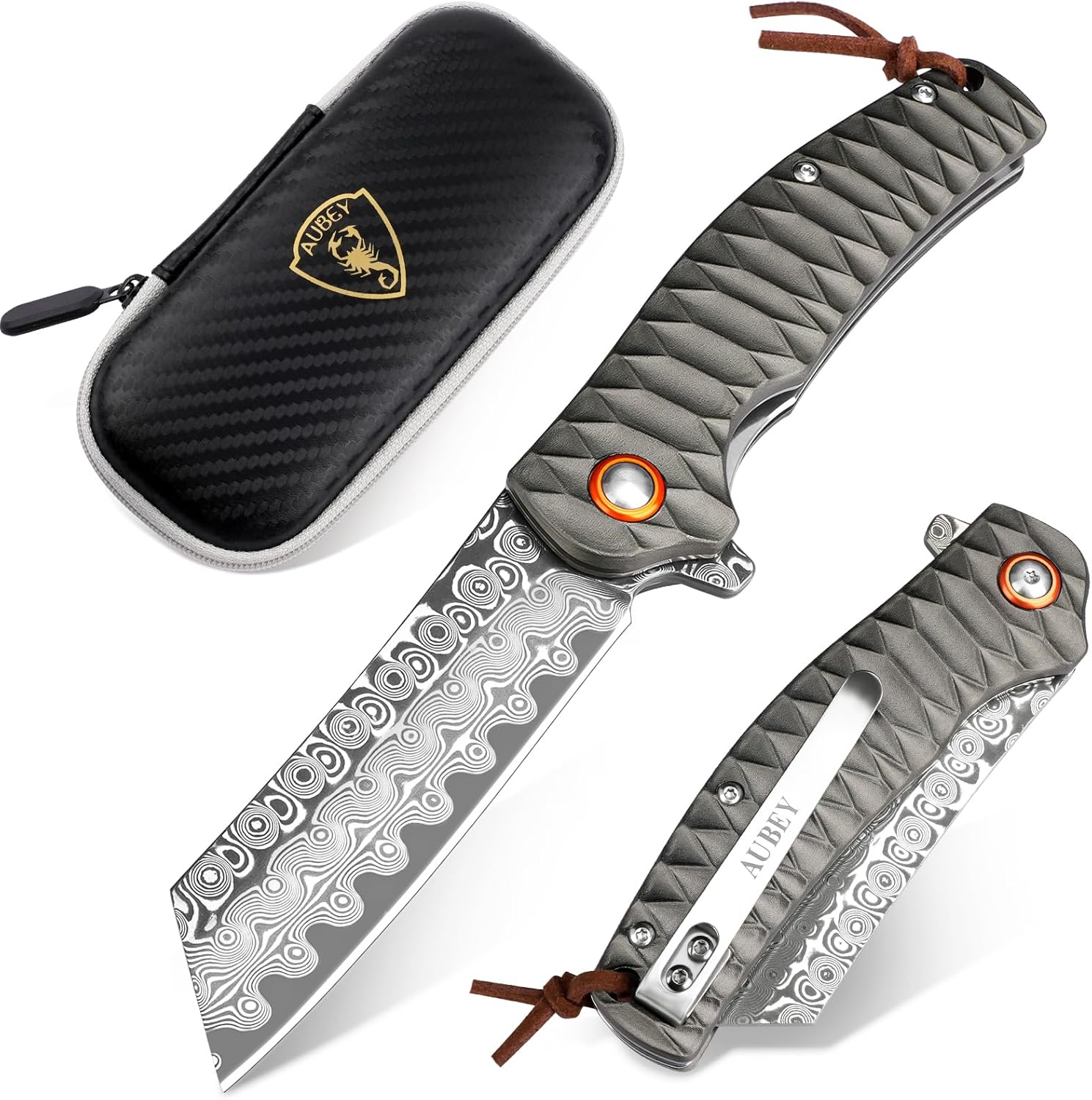AUBEY Damascus Pocket Knife: Durable EDC Folding Knife for All