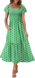 Summer Dresses for Women Square Neck Smocked Maxi Dress - With Pockets