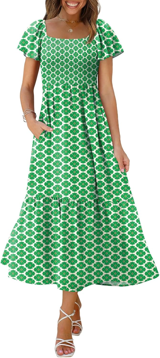 OFEEFAN Summer Dresses for Women with Ruffle Sleeves and Pockets