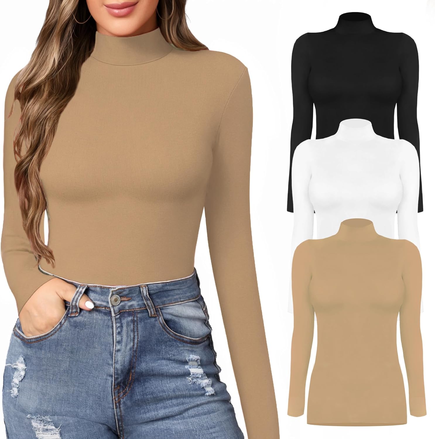 MANGOPOP Women's Mock Turtle Neck Slim Fit T Shirts for Style