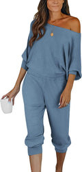 Two Piece Ribbed Knit Off Shoulder Tracksuit Set - Cozy Everyday Wear