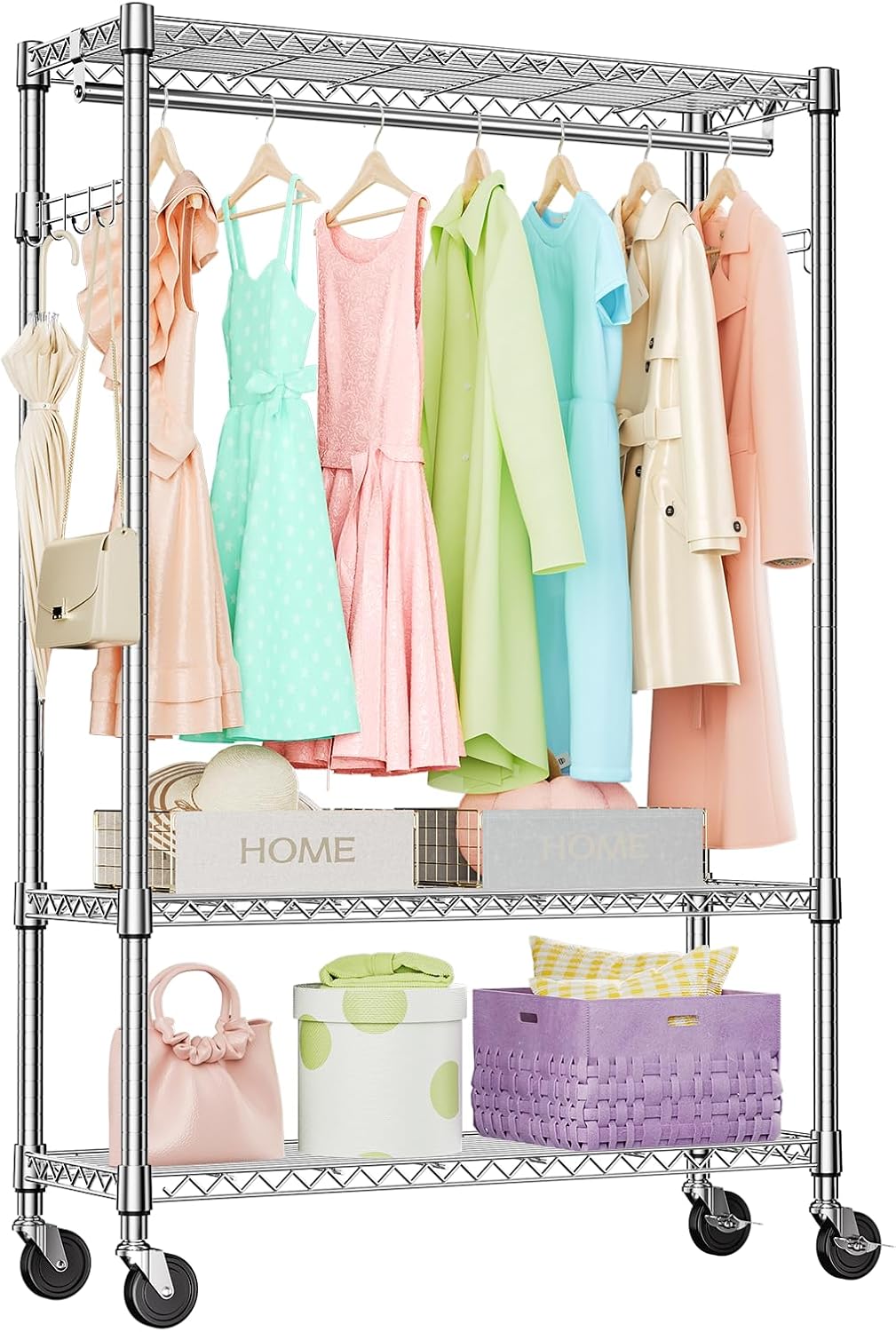 IZEUK 3 Tier Heavy Duty Rolling Garment Rack for Clothes