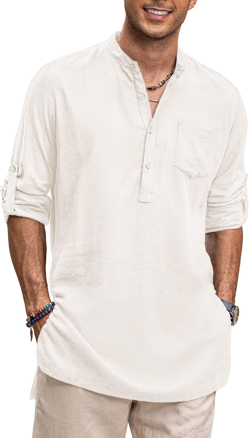 COOFANDY Men's Linen Henley Shirts for Casual Summer Style