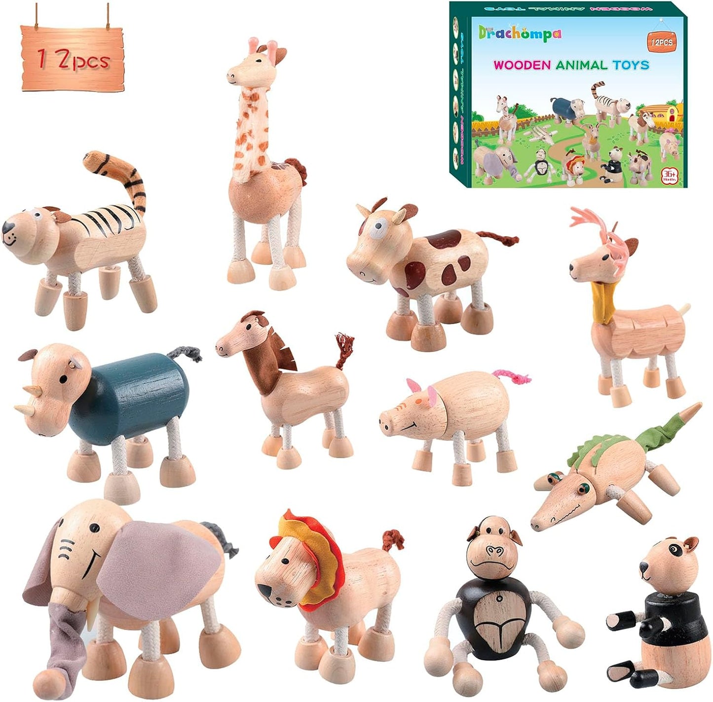 12PCS Bendable Wooden Animal Toys for Fun Early Education