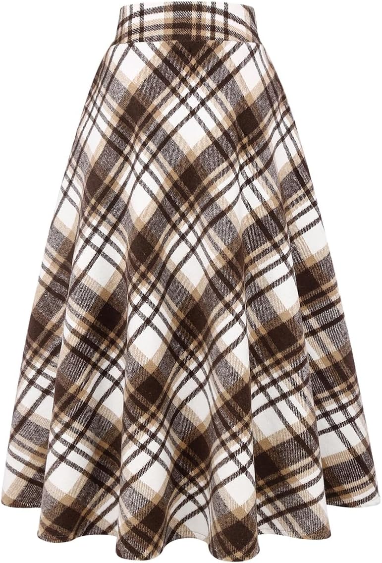 Long Plaid Wool Skirt for Women - Warm High Elastic Waist A-Line