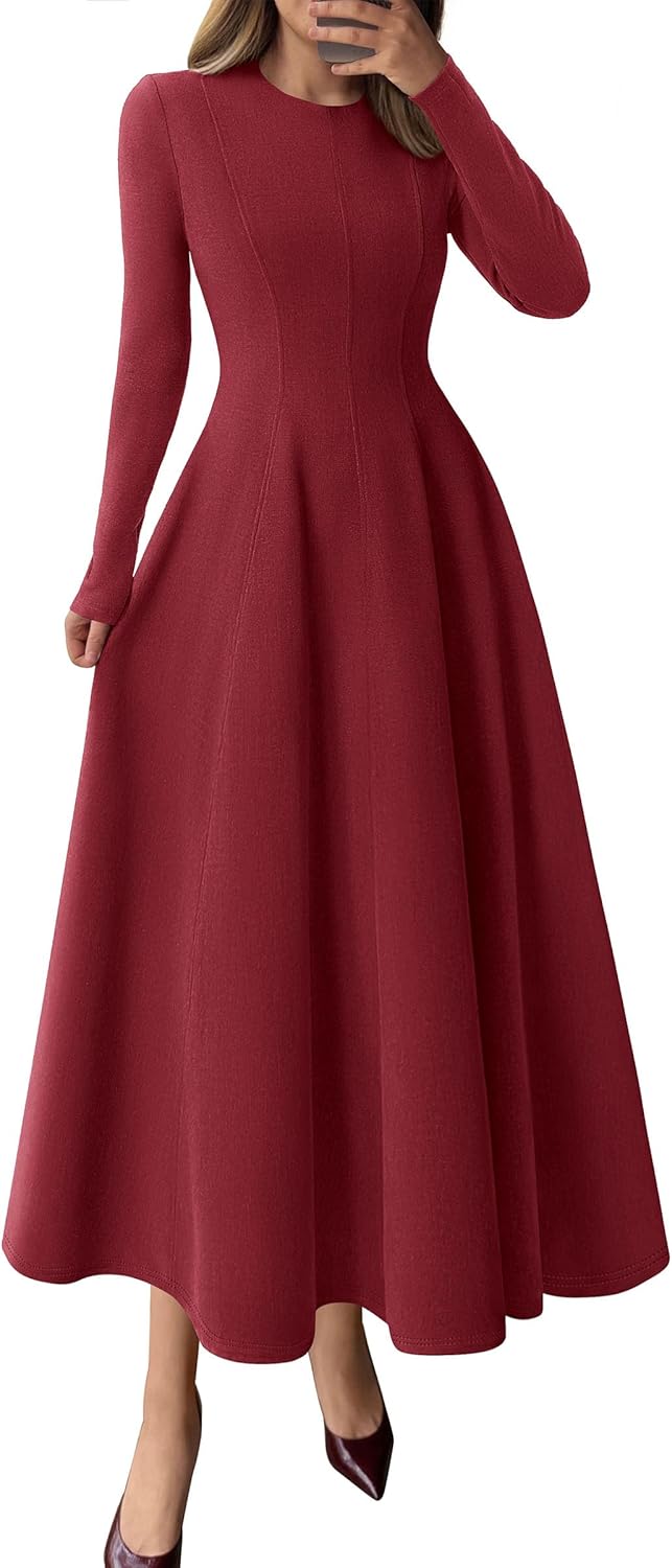 Elegant Classy Fall Long Sleeve Midi A Line Flowy Dress