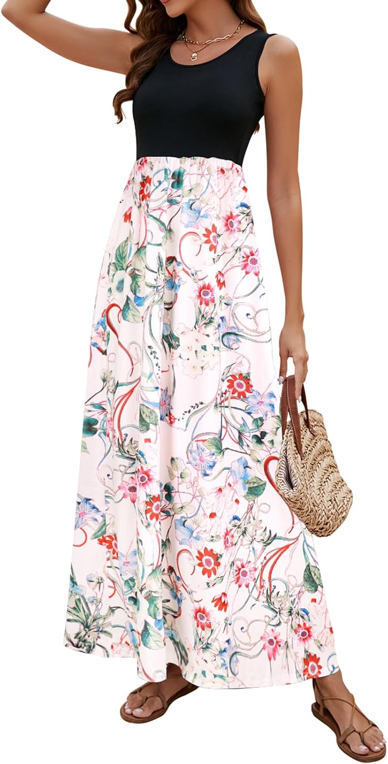 Boho Chevron Striped Floral Printed Summer Maxi Dress for Women