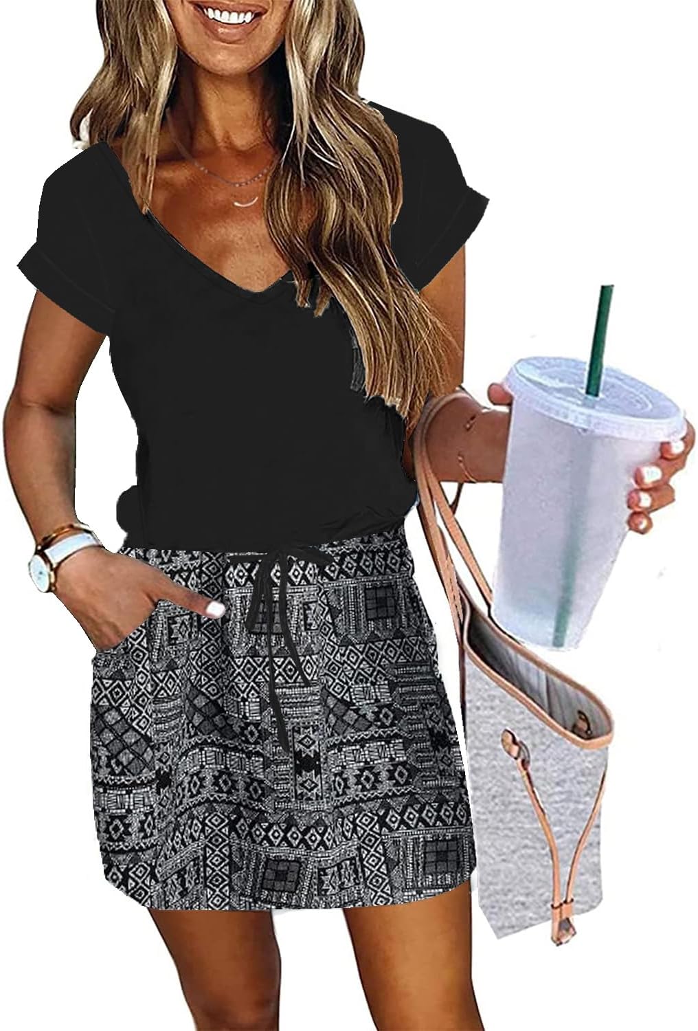 Womens Summer Dress with Lantern Sleeves and Tie Front Design