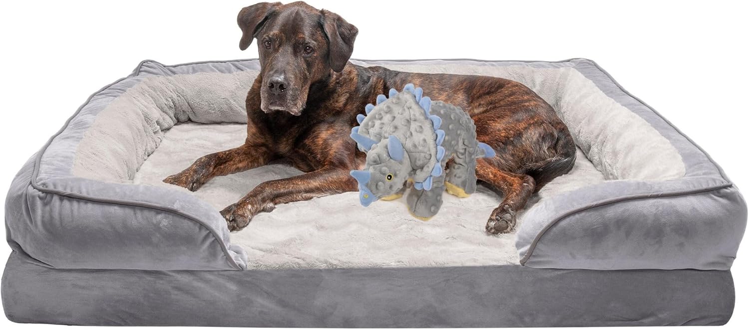 FurHaven Cooling Gel Dog Bed & goDog Plush Dino Toy for Dogs