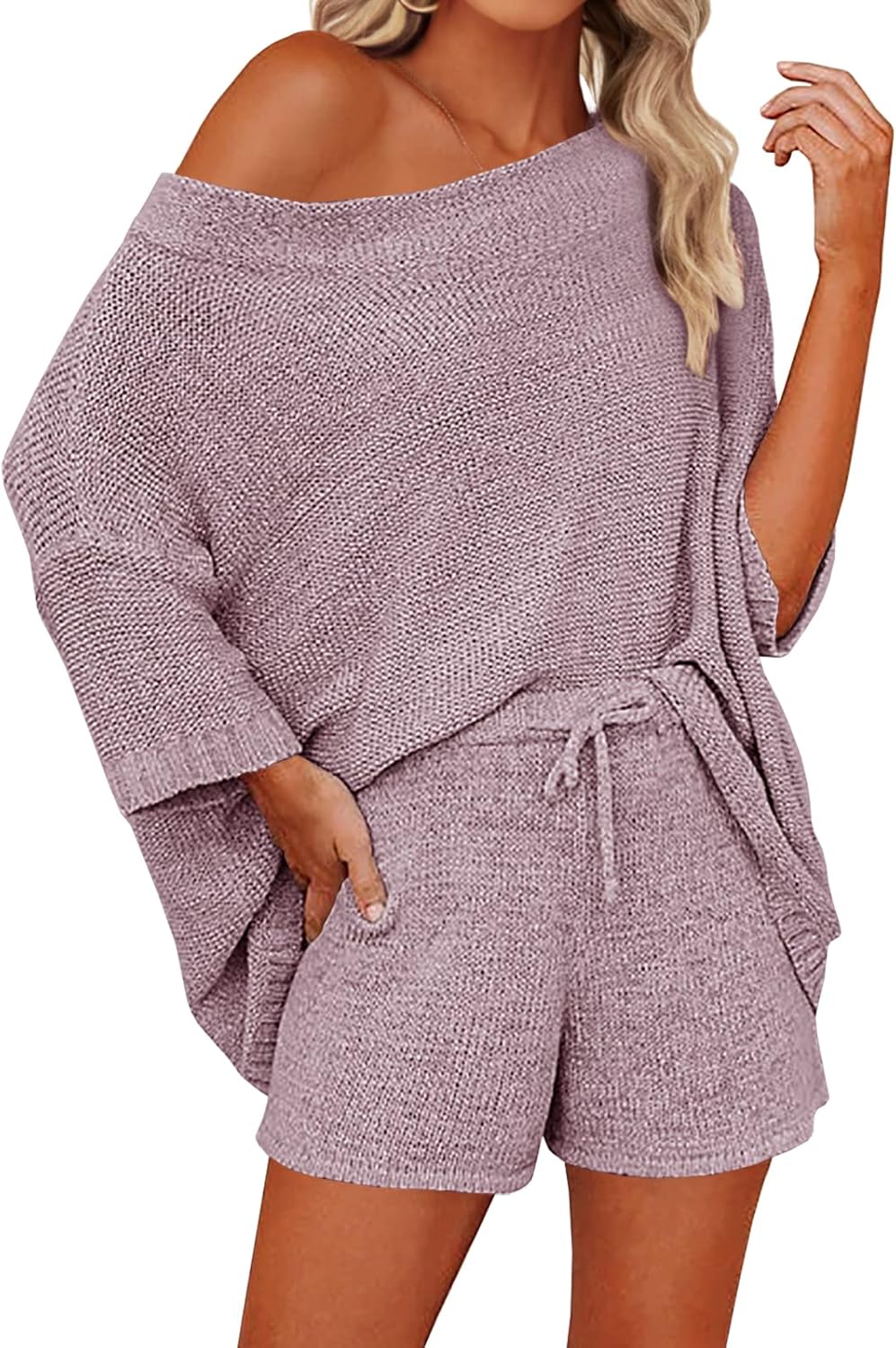 Mafulus Women's 2 Piece Outfits Off Shoulder Knit Top Shorts Set