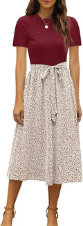 Women Ribbed Midi Dress with Belt Tie - Modest Summer Work Dress