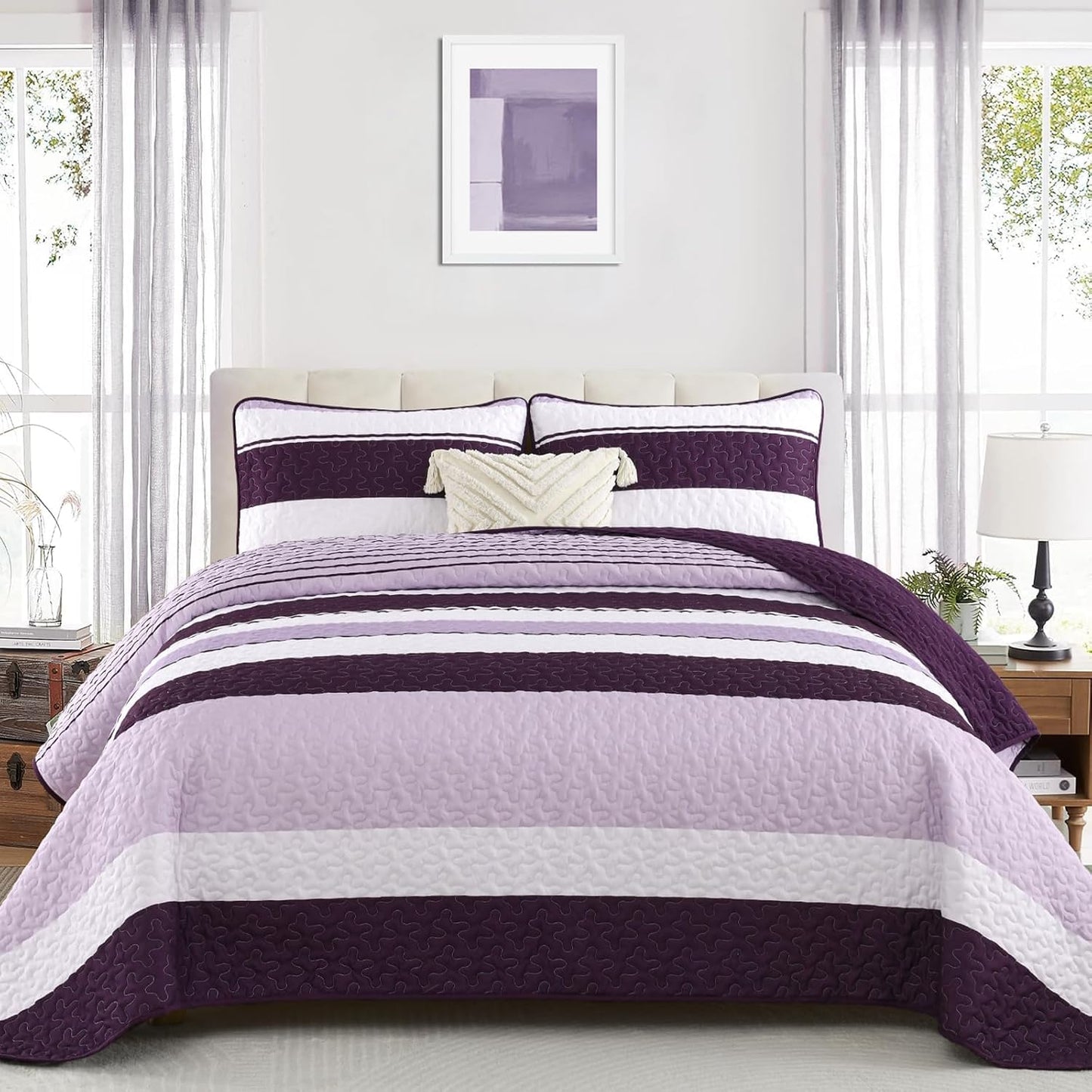 Purple Striped King Size Quilt Set for Modern Boho Decor