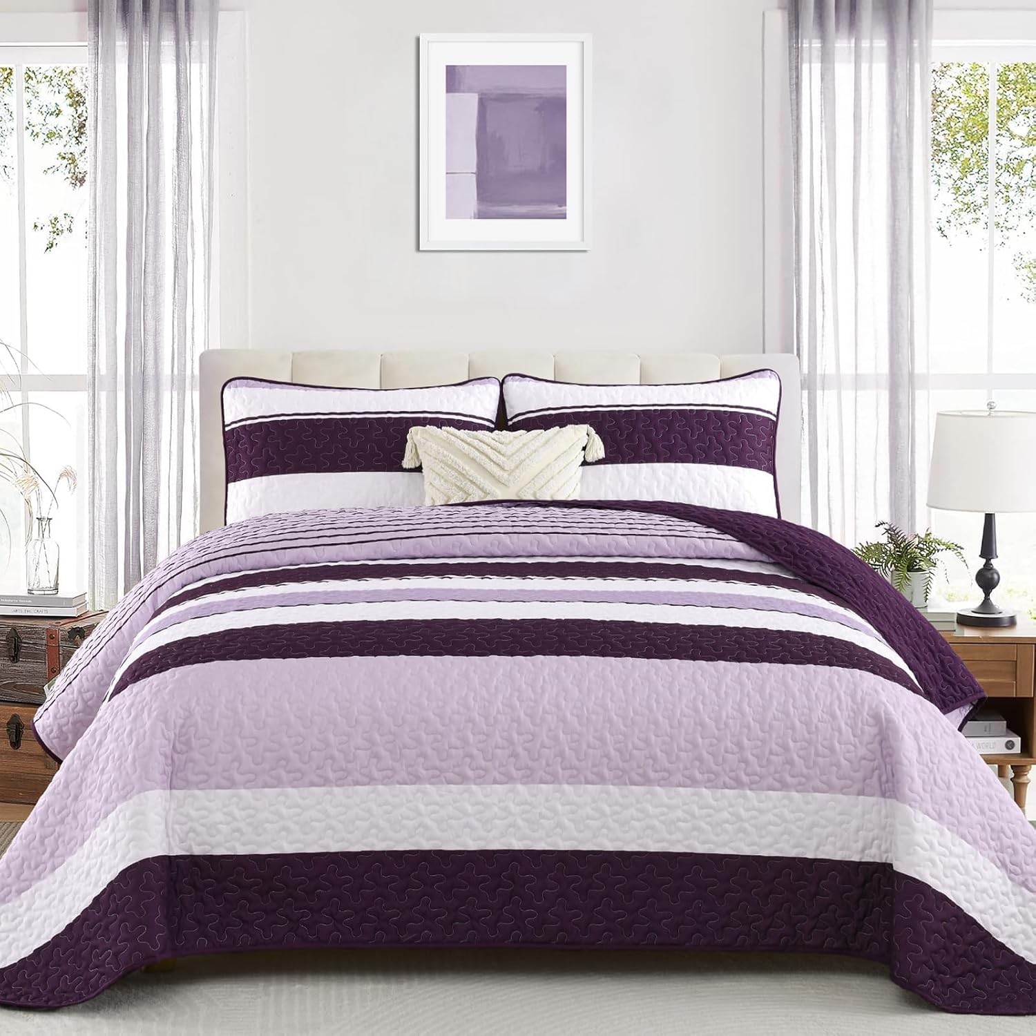 Purple Striped King Size Quilt Set for Modern Boho Decor