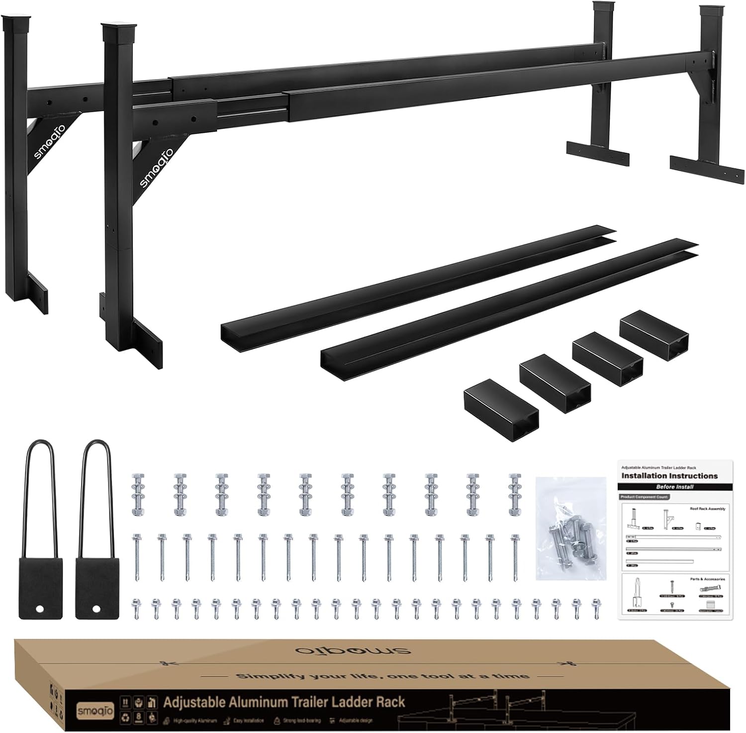Trailer Ladder Rack Aluminium - Adjustable 5.77ft-8.65ft Black