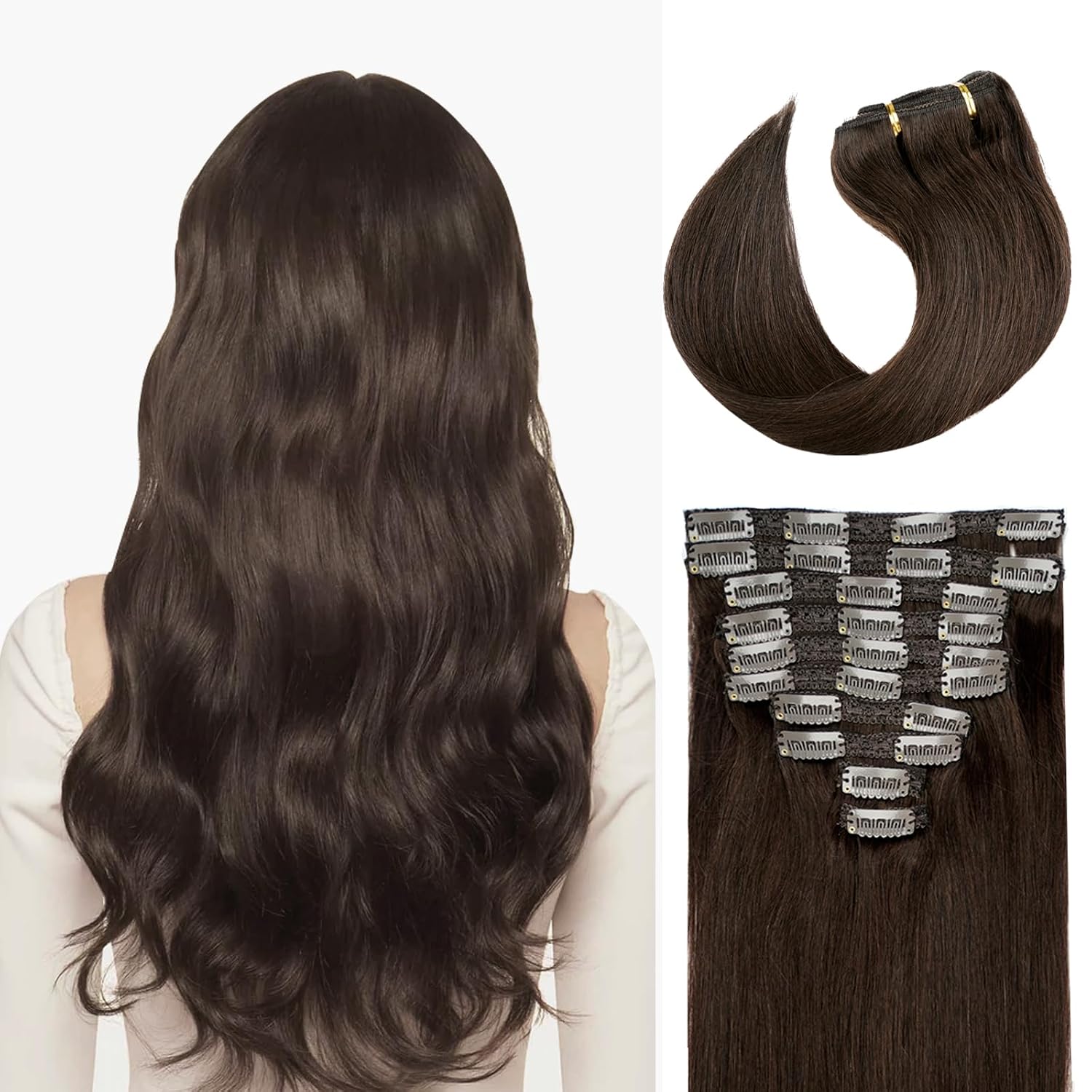 22 Clip in Human Hair Extensions Full Head 200g Dark Brown