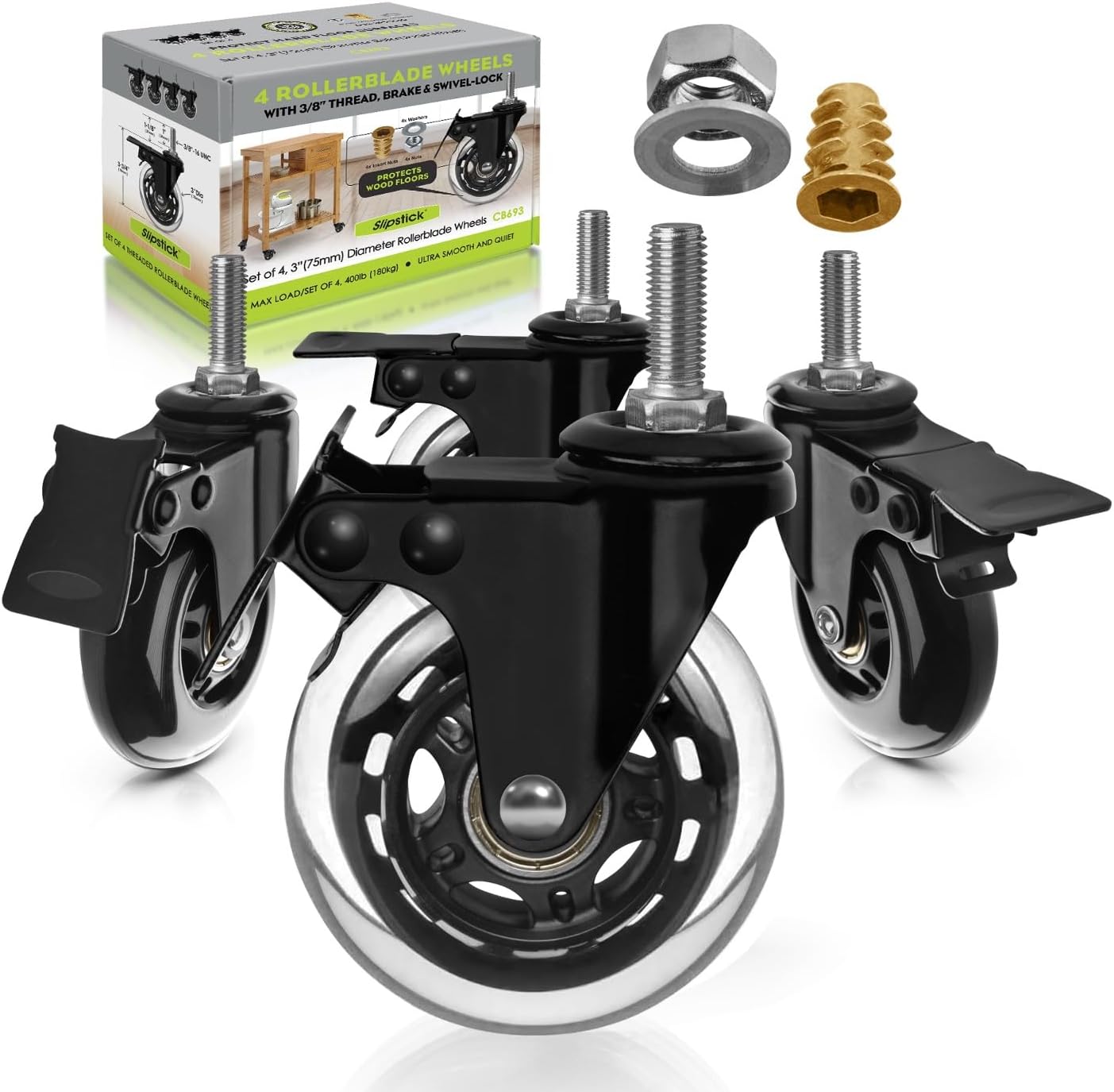 Slipstick 3 Inch Rubber Caster Wheels with Brake Locks for Furniture