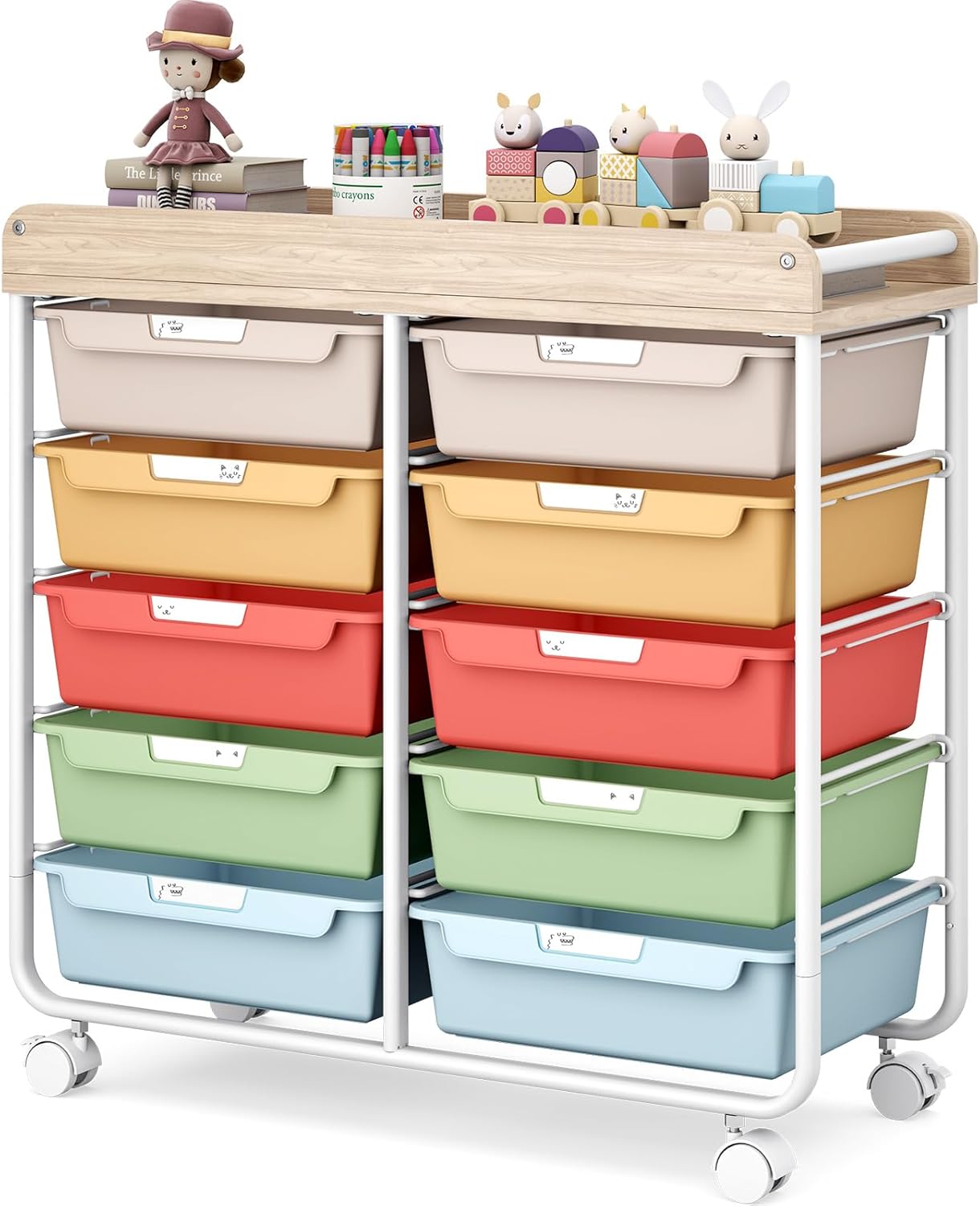 10 Drawers Rolling Cart with Wooden Tabletop for Storage