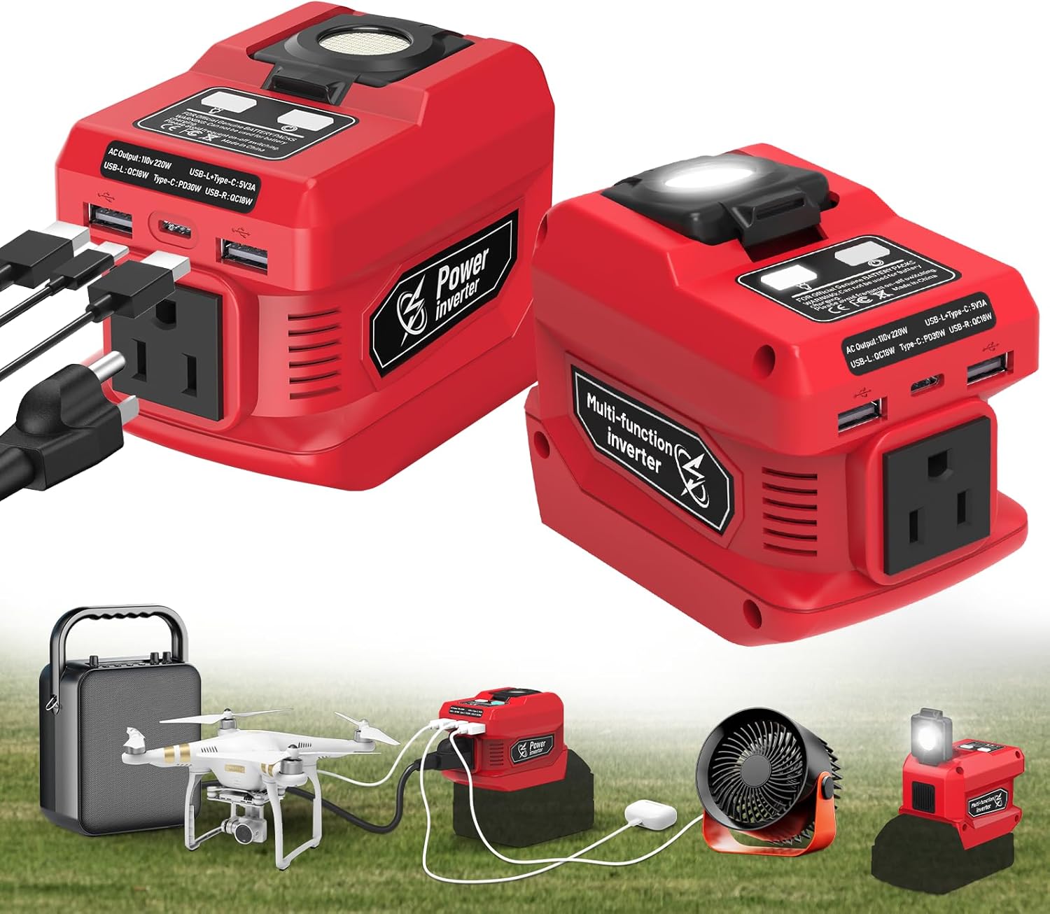 Portable Power Inverter - 220W, 18V to 110V, Fast Charging