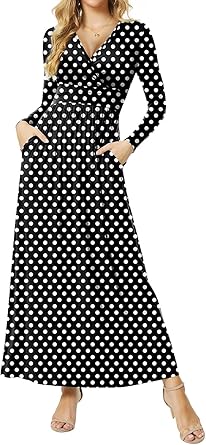 CATHY Women's Deep V-Neck Long Sleeve Casual Dress with Pockets